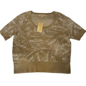 Michael Kors Short sleeve, Crew-neck Tan & White Sweater with Palm Design size L